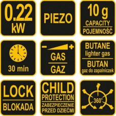 VOREL Arzator pe gaz cu aprindere piezo 0.22 kW, 1..